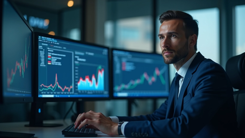 Analytik pracující s daty měnové politiky, grafy a číslice na monitoru, moderní kancelářské prostředí