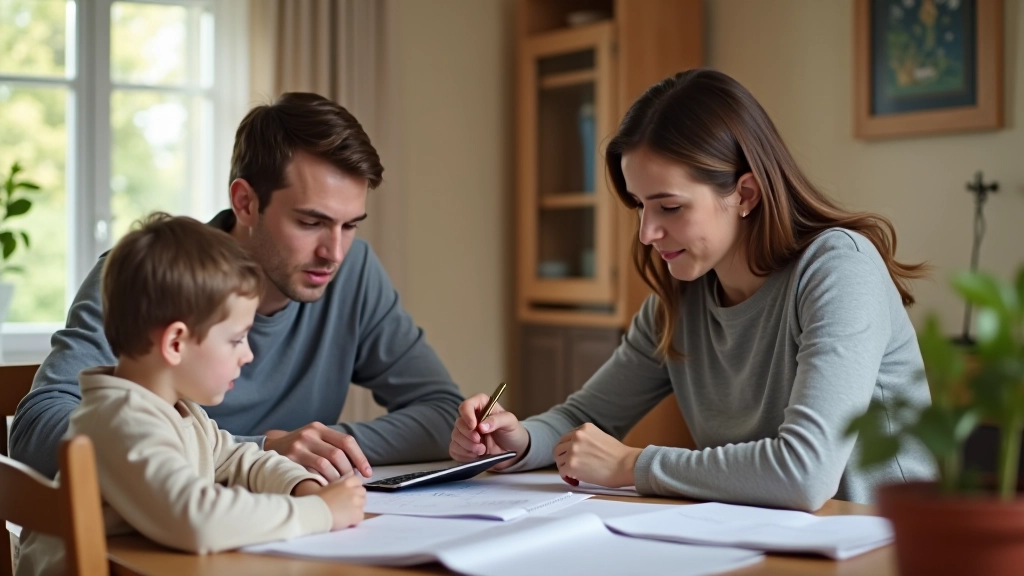 Rodina sedí u stolu s kalkulačkou a finančními výpisy, diskutují o rozpočtu domácnosti, příjemné domácí prostředí