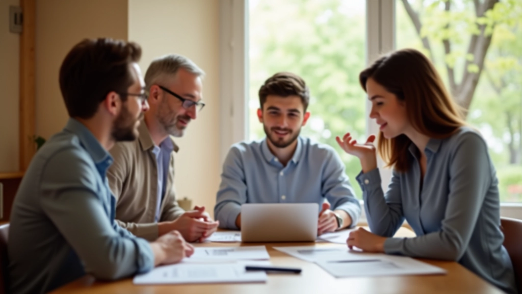 Rodina diskutující o finančním plánu u stolu s notebooky a kalkulačkami