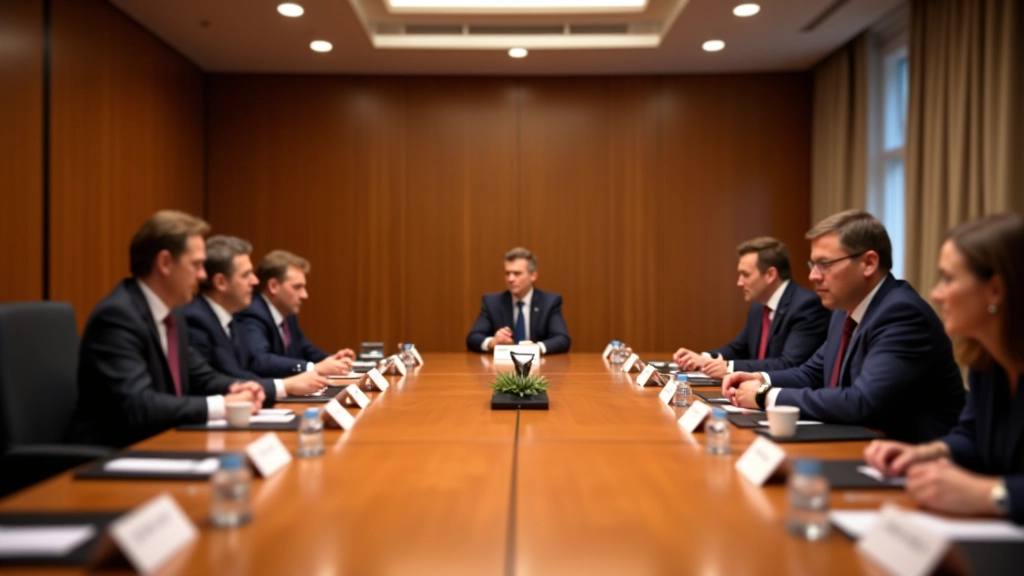 Střed zasedacího sálu České národní banky s formálním setkáním bankovního rady