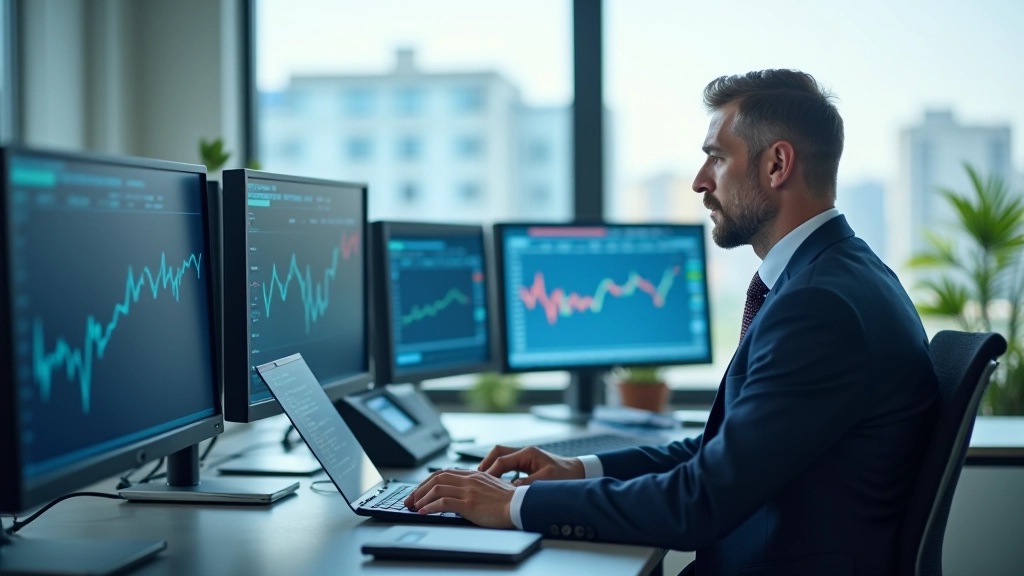 Finanční profesionál u počítače sledující data a grafy v moderní kancelářské budově
