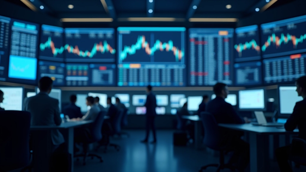 Moderní banka s počítači a finančními grafy na obrazovce, profesionální prostředí