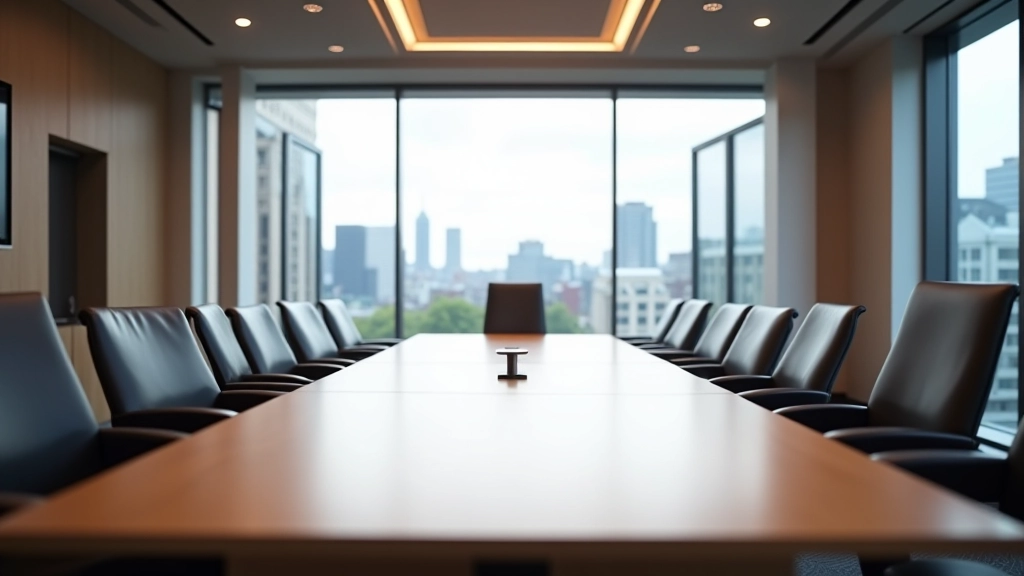 Moderní zasedací místnost České národní banky s velkým stůlem a profesionálním nastavením